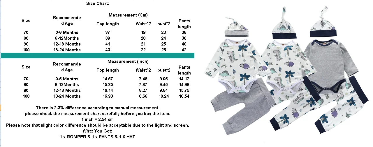 

3Pcs Toddler Autumn Spring Suit Round-Collar Long-Sleeves Rompers Top+Casual Pants+Hat Cartoon Dinosaur Outfit for Baby Boy Girl