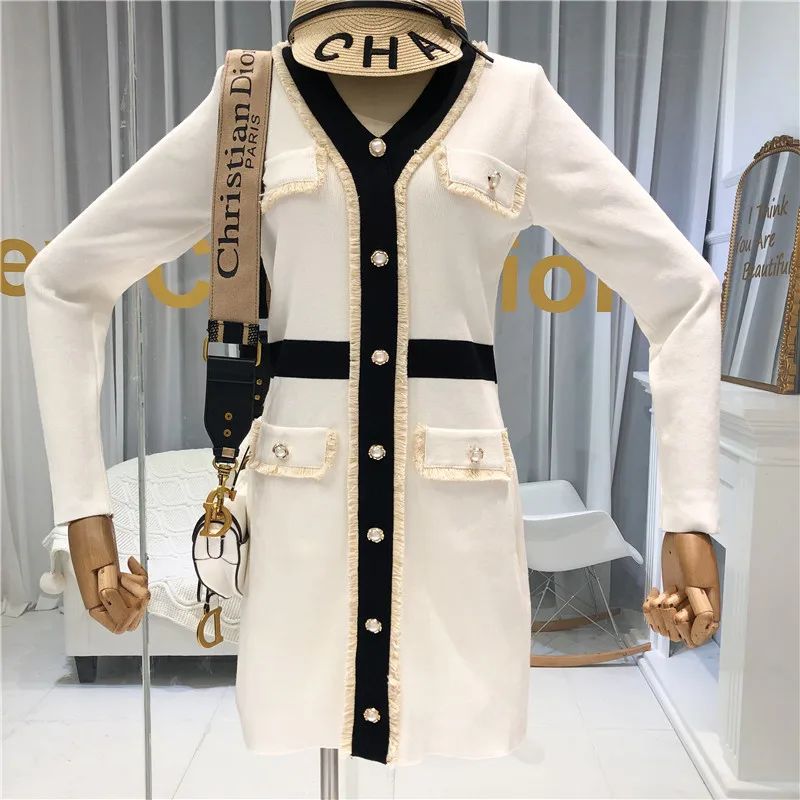 ALPHALMODA осень новое французское вязаное платье с v-образным вырезом и длинным рукавом женское приталенное модное платье с искусственным карманом