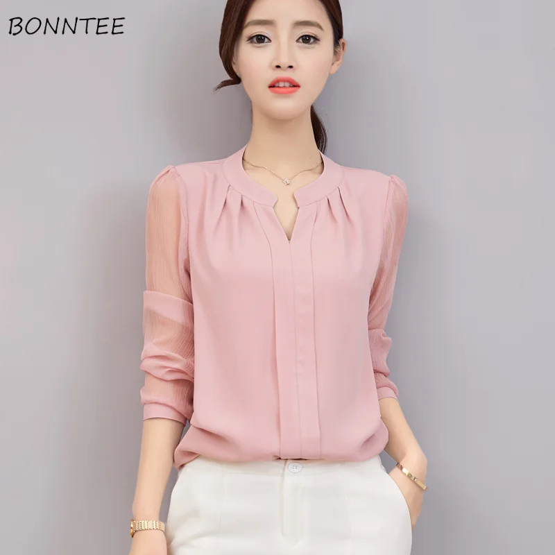 

Shirts Women Simple Chiffon Solid V-neck Korean Style Spring Chic Womens All-match Elegant Soft High Quality Female Lovely Shirt