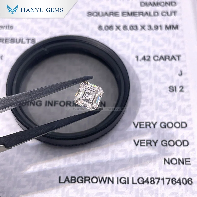 

Tianyu Gems Asscher Cut CVD Diamonds 1.42ct J SI2 2VG Loose Lab Grown IGI Certificate 6.06*6.03*3.91mm White Synthetic Diamonds