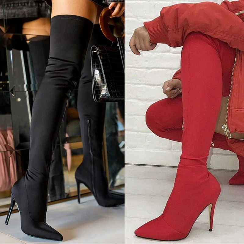 Женские ботфорты из искусственной замши на высоком каблуке с острым носком |