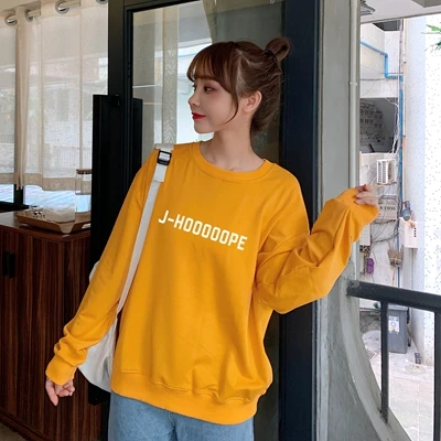 J-HOOOOOPE J-HOPE tumblr женские толстовки с капюшоном; сезон осень-весна повседневная толстовка с буквенным принтом хлопок K-pop Harajuku Корейская одежда - Цвет: Цвет: желтый