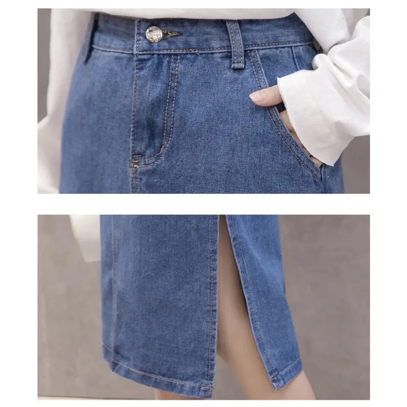 

Solid Color Denim Skirt Female High Waist Split A Word Bag Hip Summer Women Mid-length Skirt