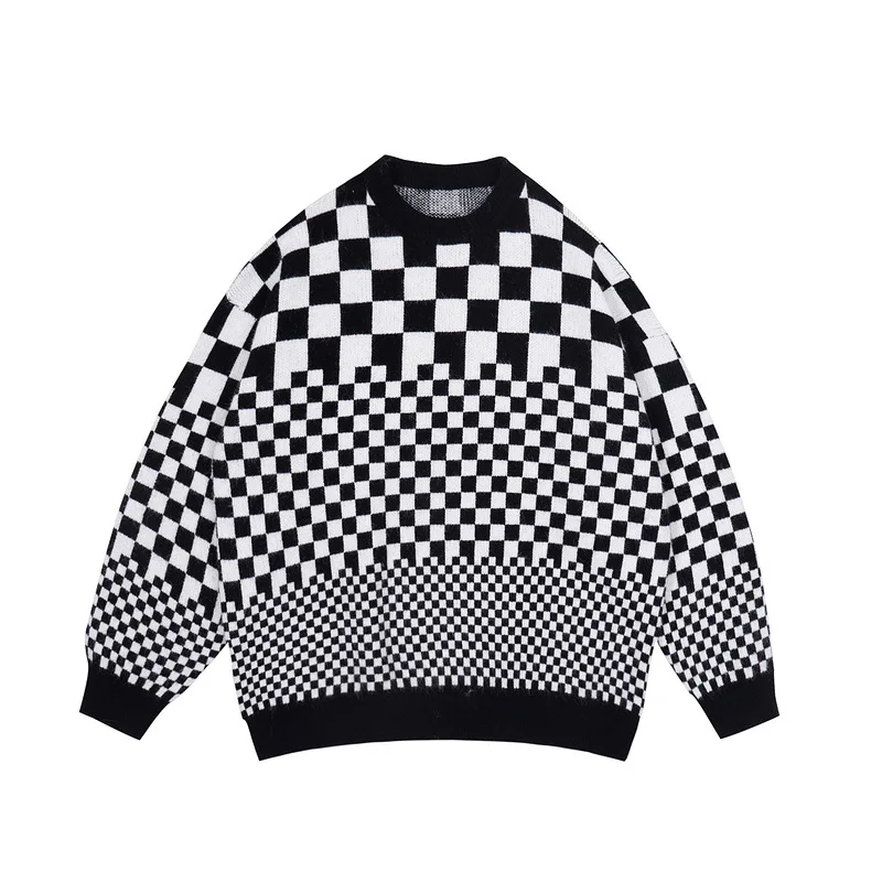 

Harajuku High Street Y2k Retro Diamond Plaid Loose Round Neck Men And Women Hip-hop Sweater