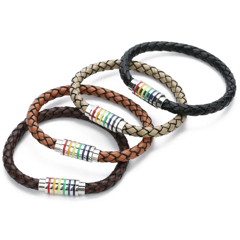 Мужской/женский кожаный браслет на запястье Радужный Браслет из нержавеющей