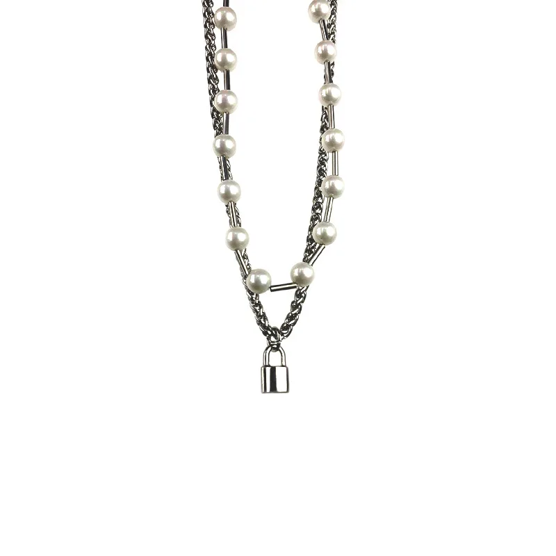 

HANGZHI 2020 New Cool Hip Hop Punk Retro Titanium steel pearl Double layer metal Necklace For Men Women Girls Jewelry Gift
