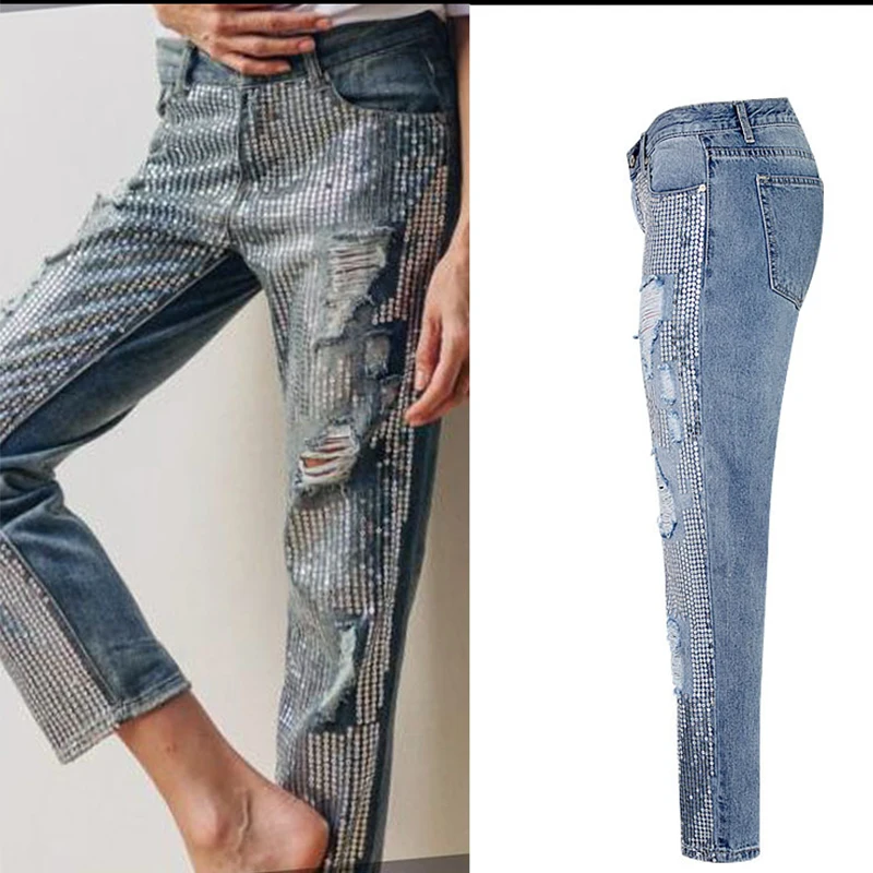 Женские рваные джинсы с блестками | Женская одежда