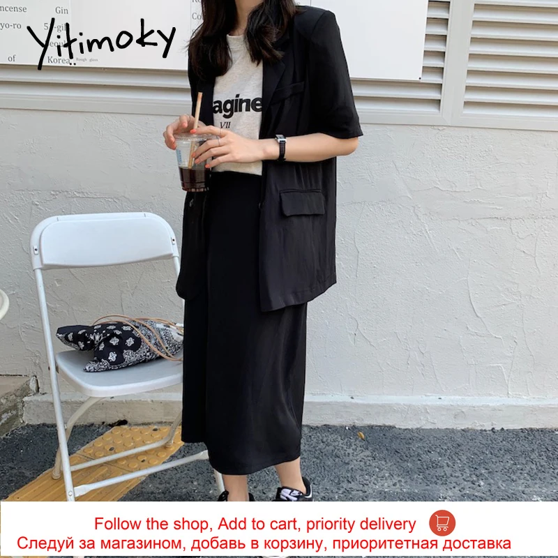 

Yitimoky 2 Pieces Set Fashion New Turn-down Collar Double Breasted Short Sleeve Blazer and Simple High Waist Casual Long Skirt