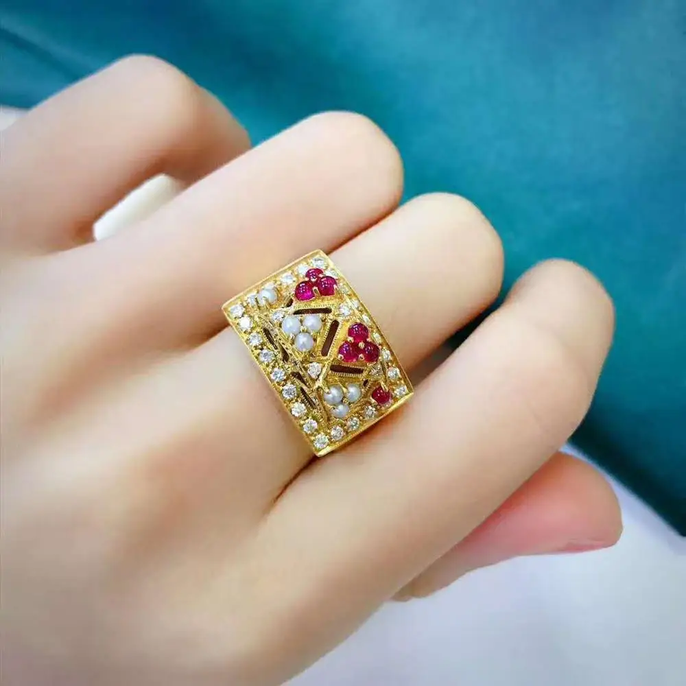

BLACK ANGEL Luxury Double Layer Gemstone 18K Gold Ring Garnet Pearl Open Adjustable Rings for Women Fashion Jewelry Gift