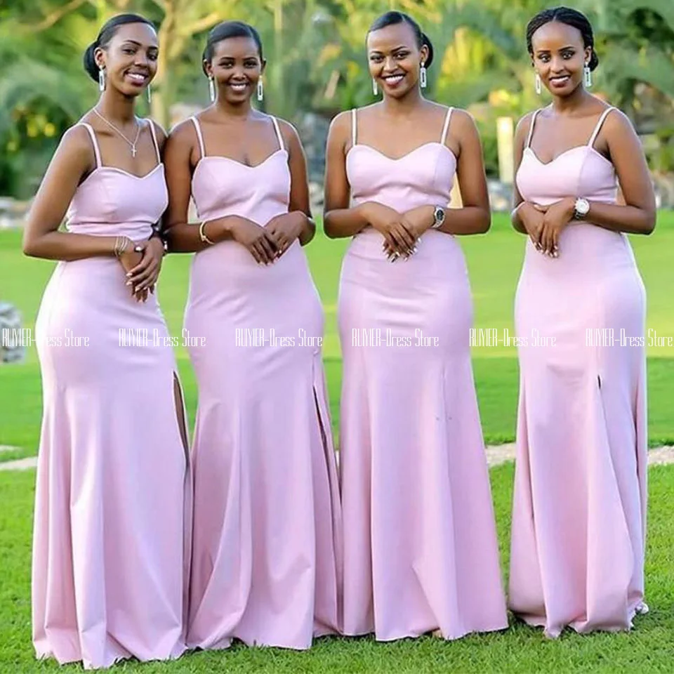 

Spaghetti Straps Pink African Bridesmaid Dresses Zipper Up Back Satin Side Slit Wedding Party Dresses Vestidos De Dama De Honor