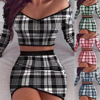 New Winter lattice Casual V Neck Long Sleeve Two Piece Set Crop Top And Skirt 2 Piece Women Set Outfits Droshipping 1