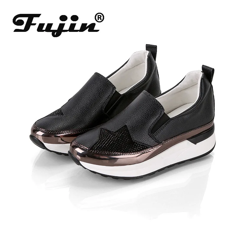 Fujin Platform Shoes Wedge Women Sneakers leather Slip on Creepers Vulcanized Slipon Spring Autumn | Обувь