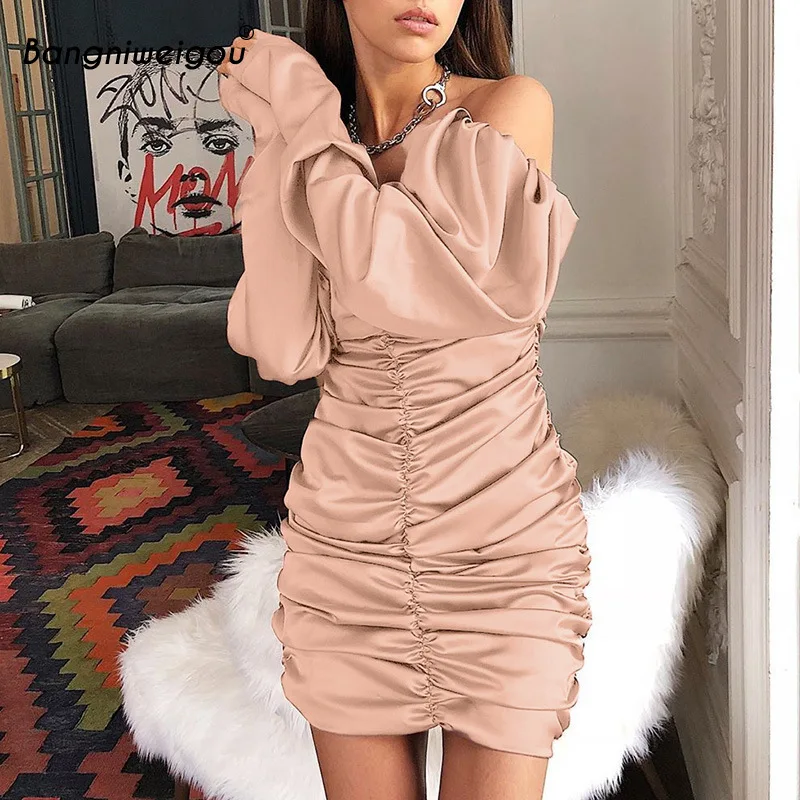 Bangniweigou сексуальное платье с открытыми плечами длинным пышным рукавом рюшами