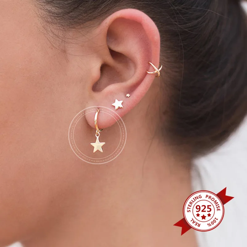 

Prevent Allergy 925 Sterling Silver Hoop Earrings For Women Men Gold Color Glossy Star Pendant Loops Earrings With Charm Jewelry