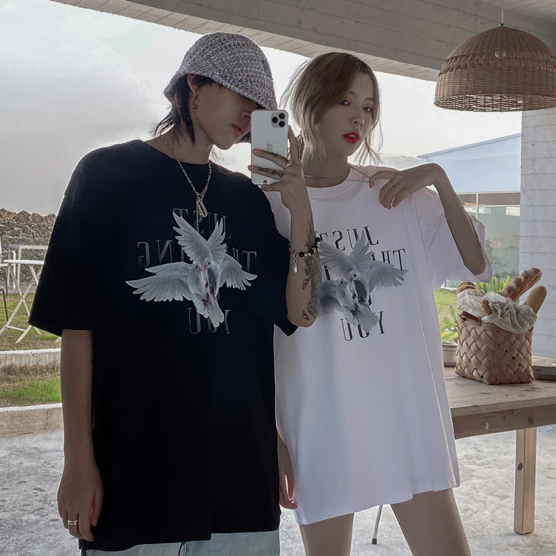 

Dropshipping Summer Hipster Couples Tees Peace Dove Print Loose T Shirts Fashion Streetwear Casual Short Sleeve Pure Cotton Tops