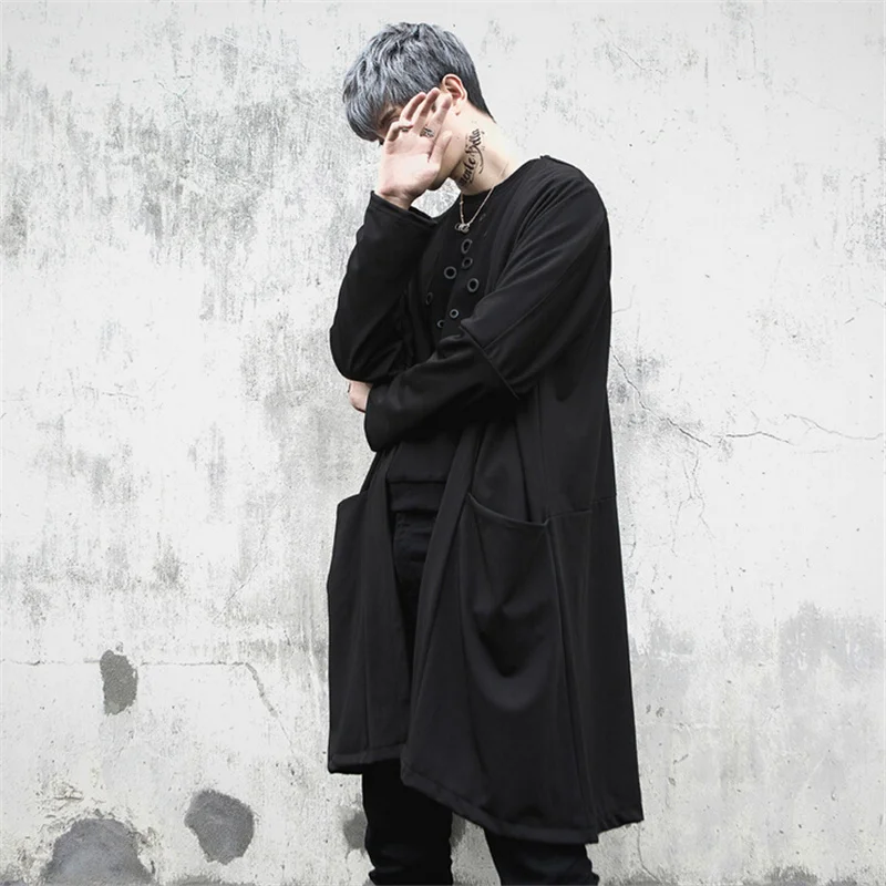 

Men nightclub singer stage costume long sleeve striped t shirt cape men hip hop punk tee shirts cloak oversized coats streetwear