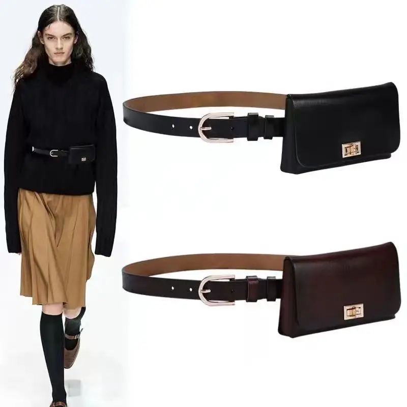 Fashion Real Leather Women Belt Adjustable Belts With Small Pocket