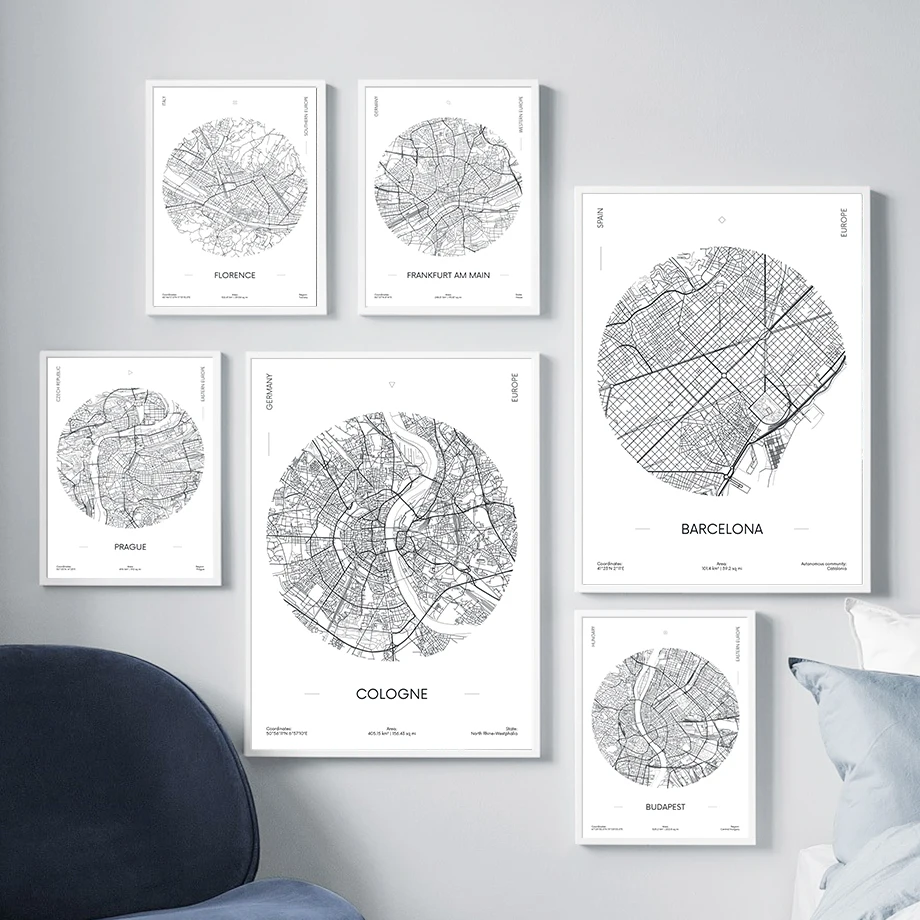 Картина на холсте Милан Рим Берлин черно-белая карта города настенная живопись