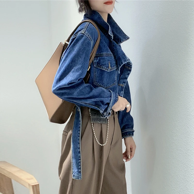 

CHICEVER Denim Coat For Women Lapel Collar Long Sleeve Patchwork Pockets Designer Jackets Female Fashion New Clothes 2021 Spring