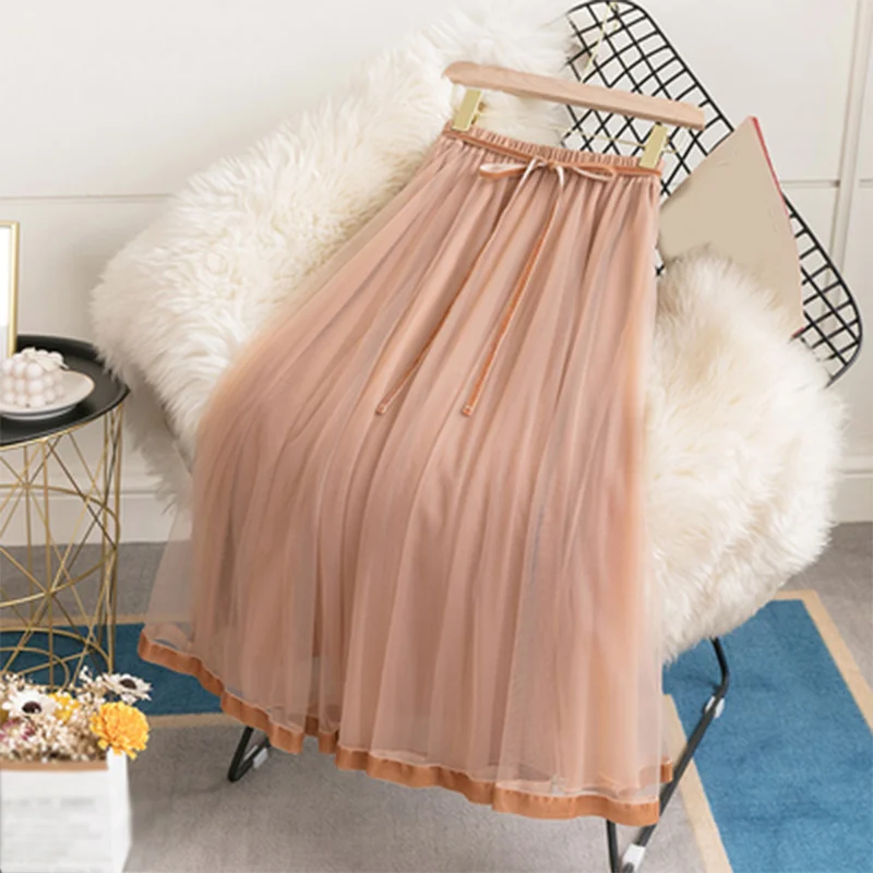

Pleated Mesh Lace Up Women's Long Skirts Autumn Patchwork High Waist Solid Female A-Line Skirt 2020 New Elegant Ladies Bottoms