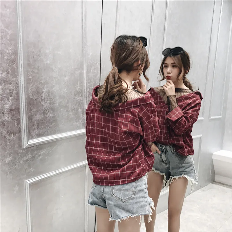 

Women Shirts Spring 2020 Korean Style Hollow Out Mesh Patchwork Fake Two Piece Long Sleeve Blouse Plaid Ladies Tops Red T402