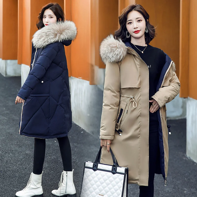 

Double sided wear style overcomes women's large wool collar long knee length winter new cotton Korean loose thickened parkas