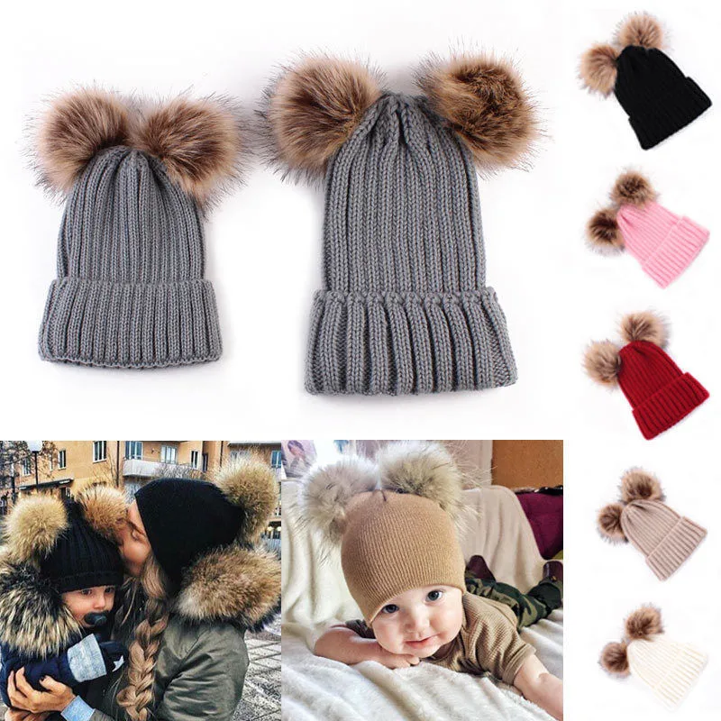 Mommy&ampMe Baby Boys Girls Winter Warm Knit Soft Beanie Hats Mother Adult Children Family Matching Pom pom Fur Ball Caps Hot sale | Детская