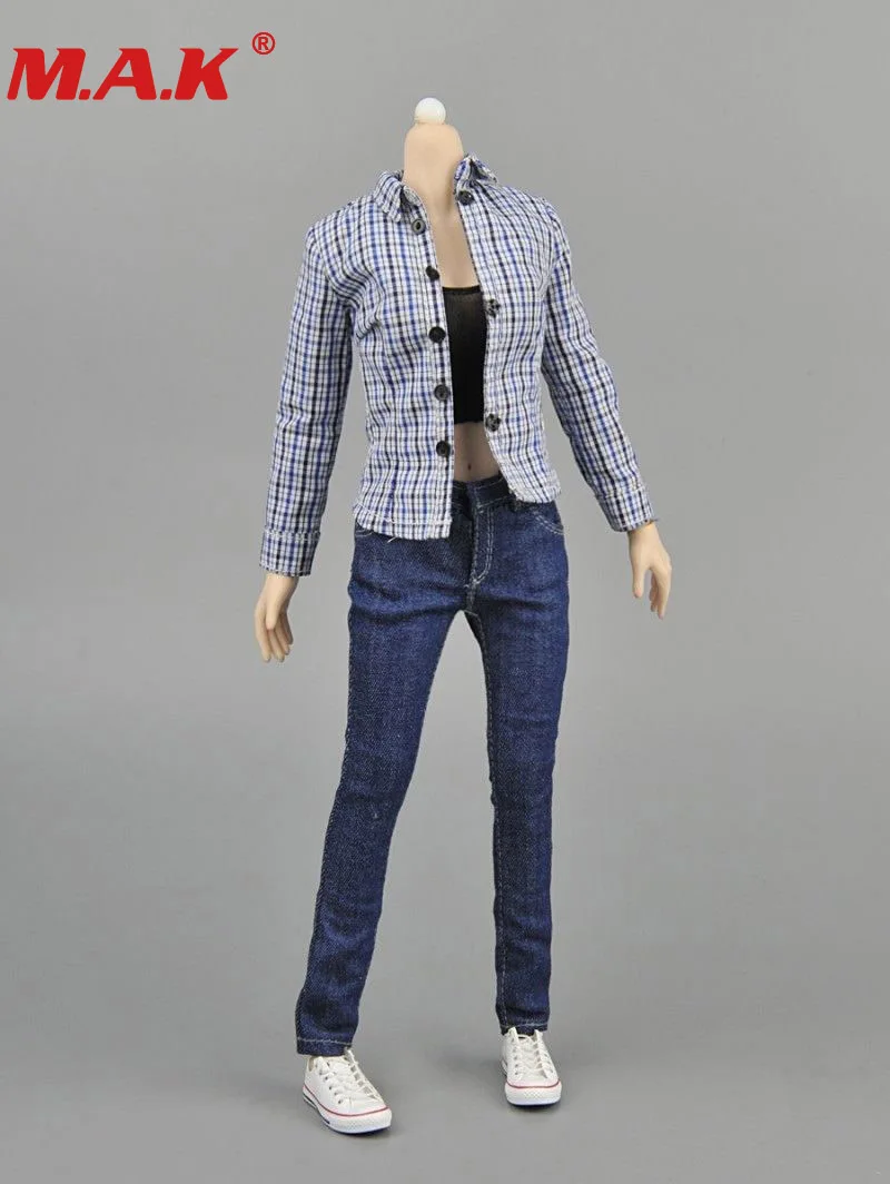 

1:6 Scale Female Clothes Suit women's Blue Plaid shirt&jeans&vest Denim Clothing Sets For 12 ''lady Girl Action Figure Body