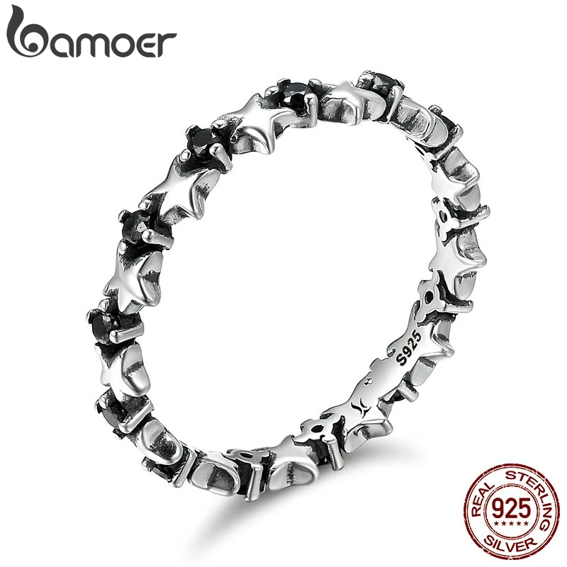 BAMOER, подлинное 925 пробы Серебряное стекируемое кольцо, звезда и сердце, черное CZ Кольцо на палец для женщин, ювелирные изделия из стерлингового серебра, Anel SCR142