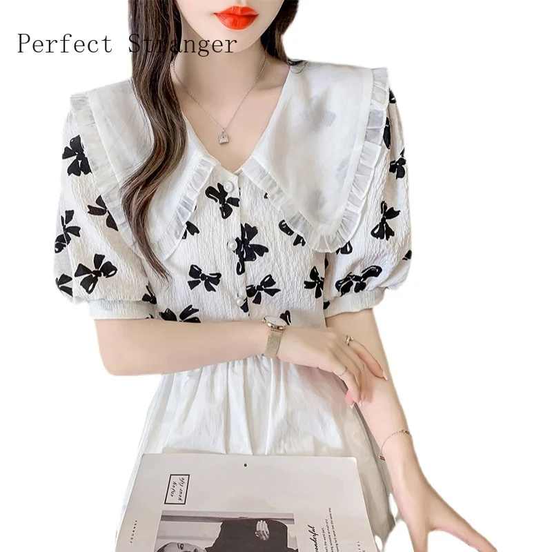

2021 LeisureWomens Tops and Blouses Short Sleeve Shirts Women Peter Pan Collar Chiffon Women's Blouse Vintage Top Female