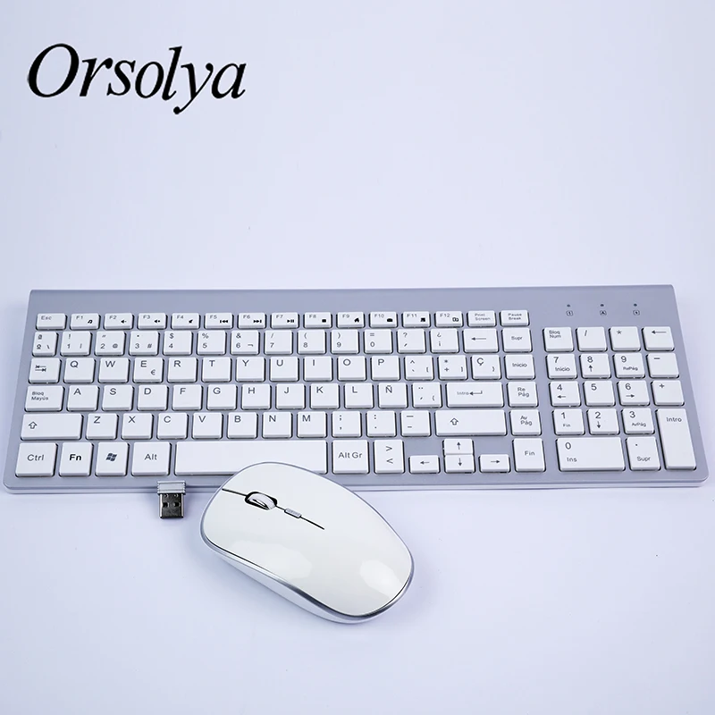 2,4G Беспроводная клавиатура и мышь Combo Orsolya Compact полноразмерная клавиатура и 2400 точек/дюйм оптическая мышь с низким уровнем шума, английский, испанский, немецкий, японский, французский, серебристый и белый