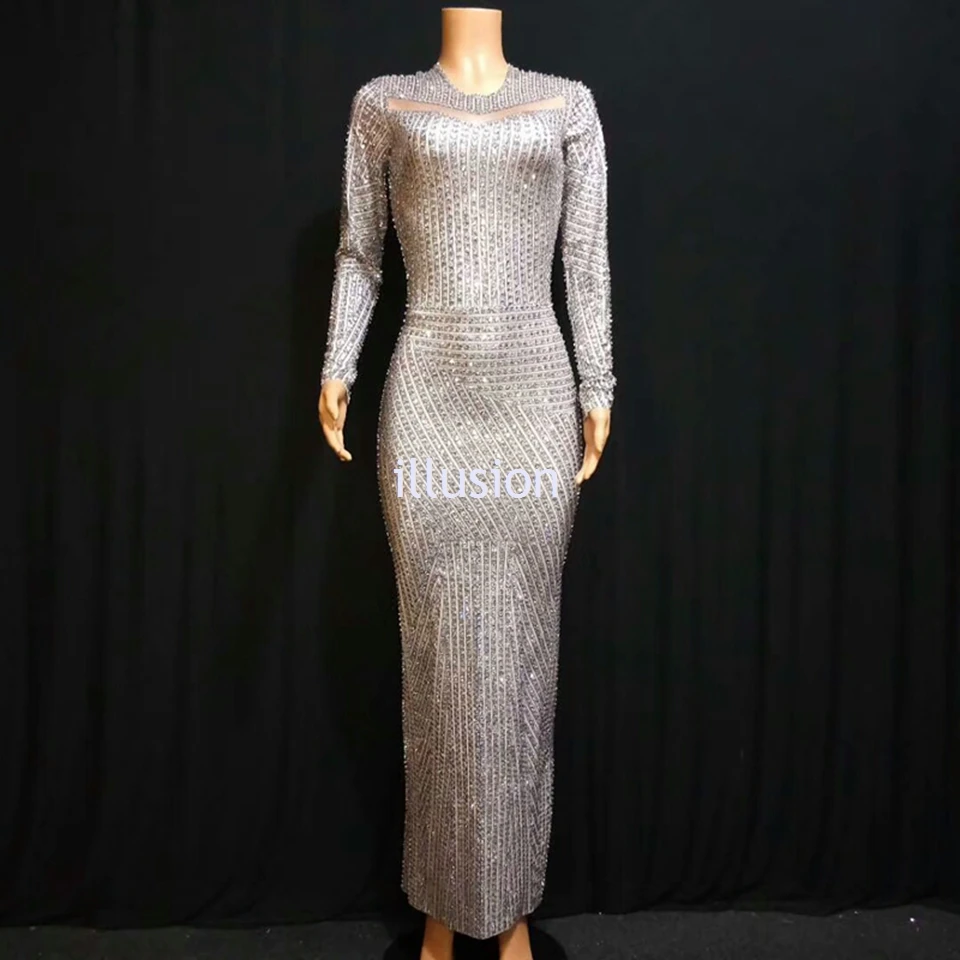Luxury Full Glisten Silver Rhinestones Dress Women Sexy Singer Stage Wear Long Dresses Celebrate Outfit Party Club Costume | Тематическая