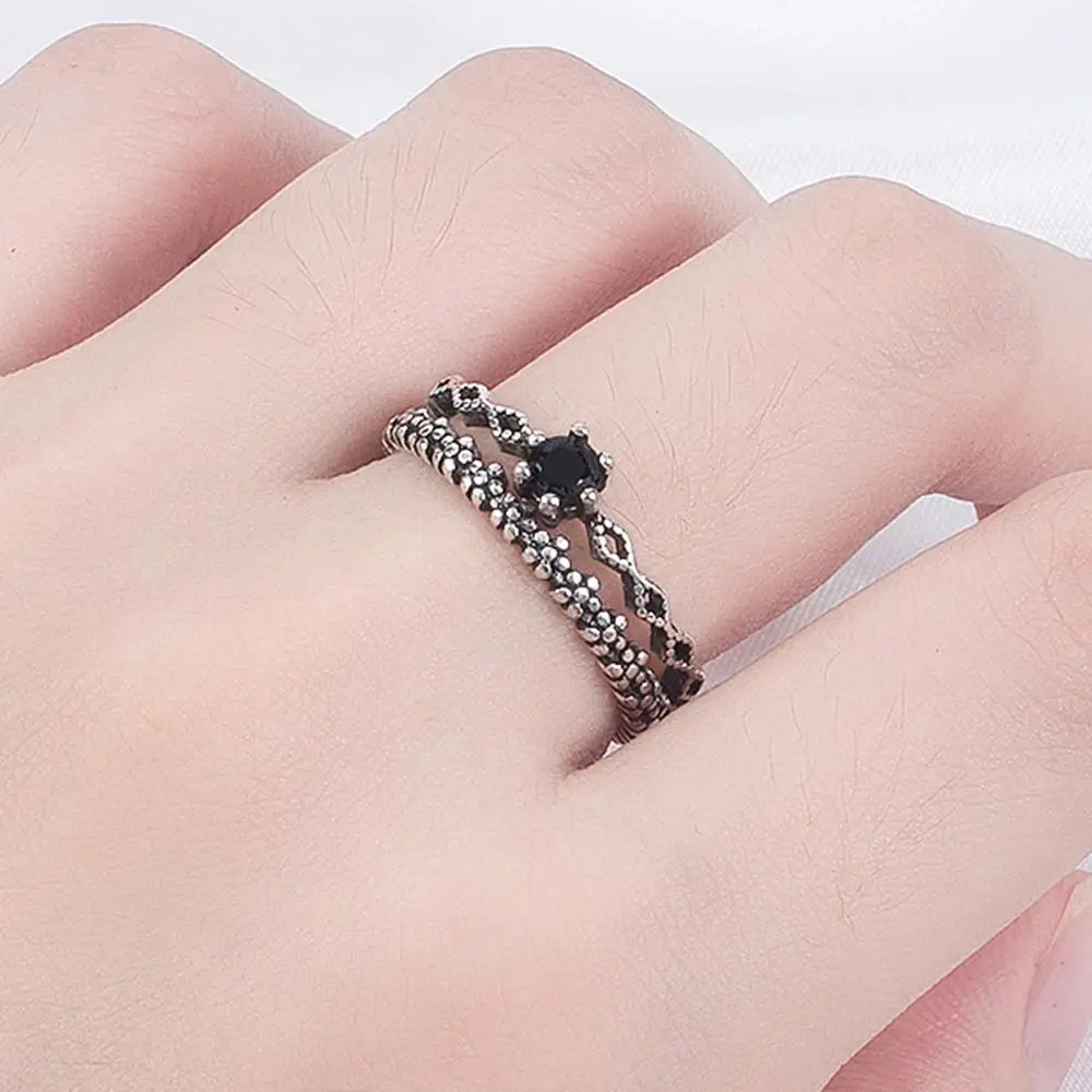 

Black Cubic Zirconia Crown Vintage Adjustable Thai Silver Color Ring For Women Mens Korean Trendy Simple Tibetan Jewelry