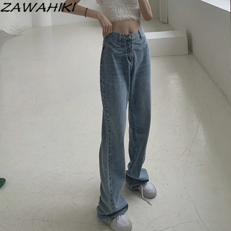 

ZAWAHIKI Korean Fashion Casual Jeans Woman Summer 2021 High Waist Washed Loose Straight Wide Leg Pants Thin Long Denim Jeans