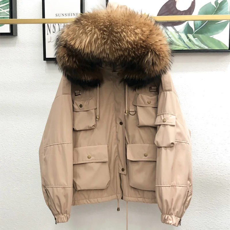 

Large Natural Raccoon Fur Women Down Coat Winter Thick 90% White Duck Down Parka Female Hooded Short Jacket Loose Down Outerwear