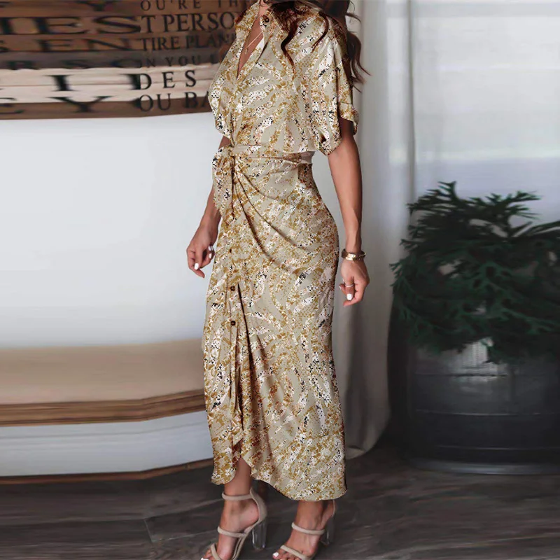 

Sexy V-Neck Slim Drape Button Long Dress Office Lady Elegant Turn-Down Collar Short Sleeve Long Dress Women Floral Print Dresses