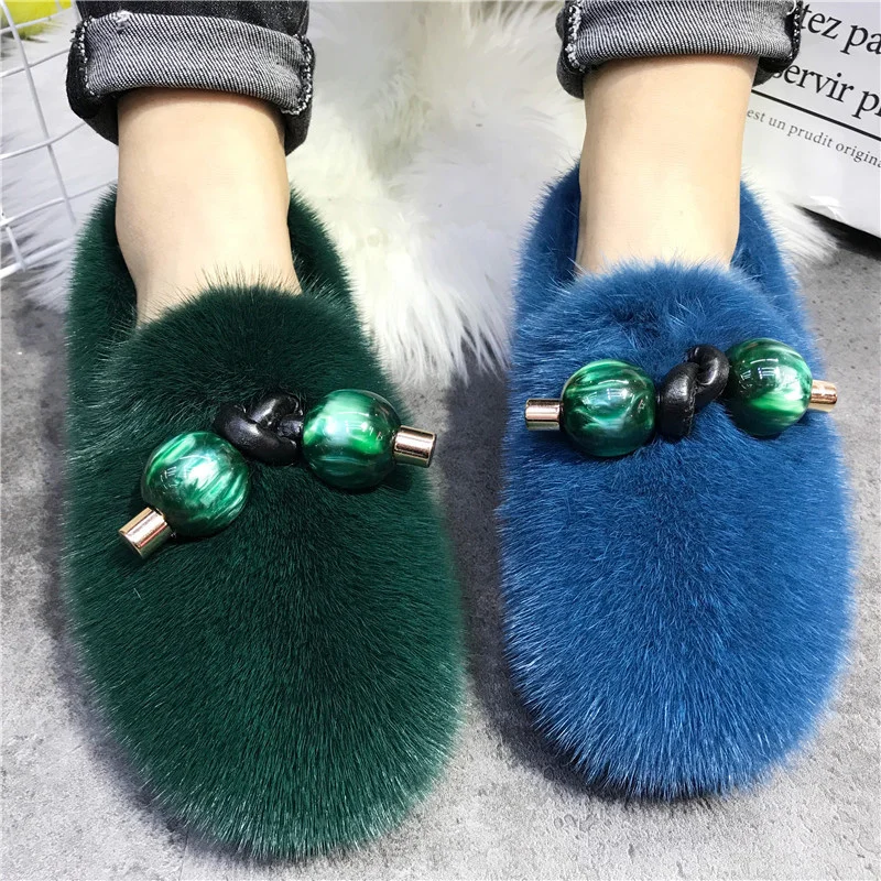 

Ladies Fur Flat Shoer Indoor Winter Warm Peas Shoes 100% Mink Fur Ladies Furry Shoes