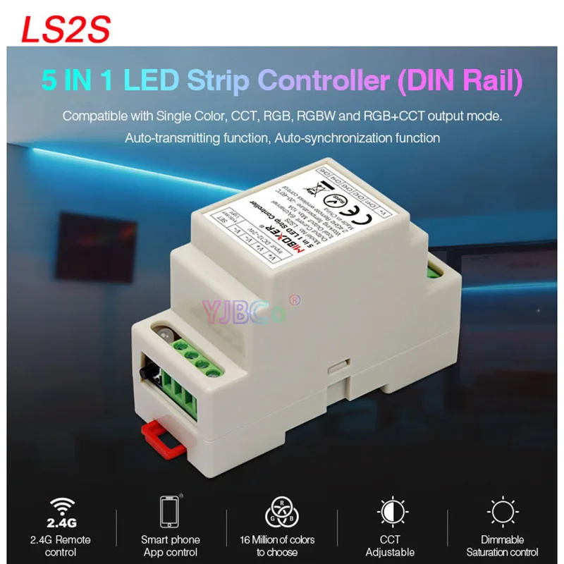 LS2S 5 in 1 DIN Rail Single color/CCT/RGB/RGBW/RGB+CCT LED Strip Controller Miboxer Lamp Tape dimmer 2.4G RF Remote/APP Control