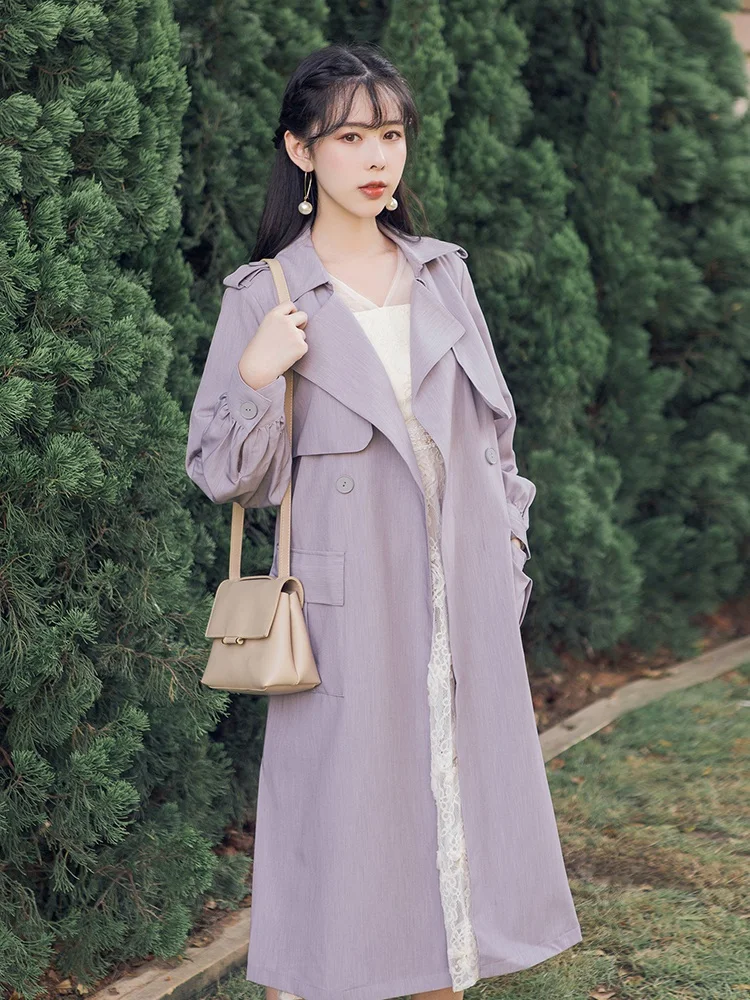 

Women Casual Light Purple Long Trend Coat Fashion Elegant Retro Sashes Windbreaker Vintage Loose Button Jacket Female Outwear