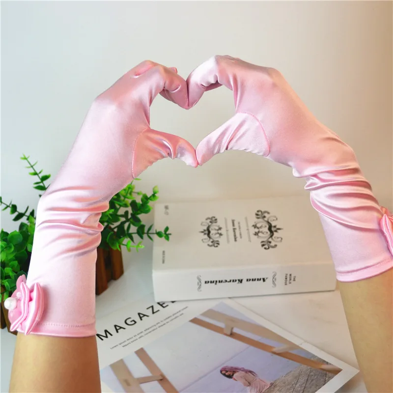 

New Women Girls Satin Gloves Short Wrist Gothic Punk Rock Costume Fancy Party Full Finger Yellow Gloves ST265