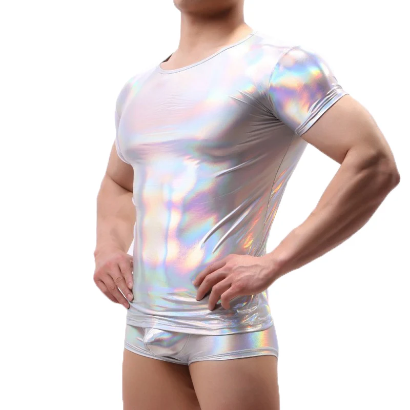 Футболка мужская Блестящая с круглым вырезом приталенная тенниска из