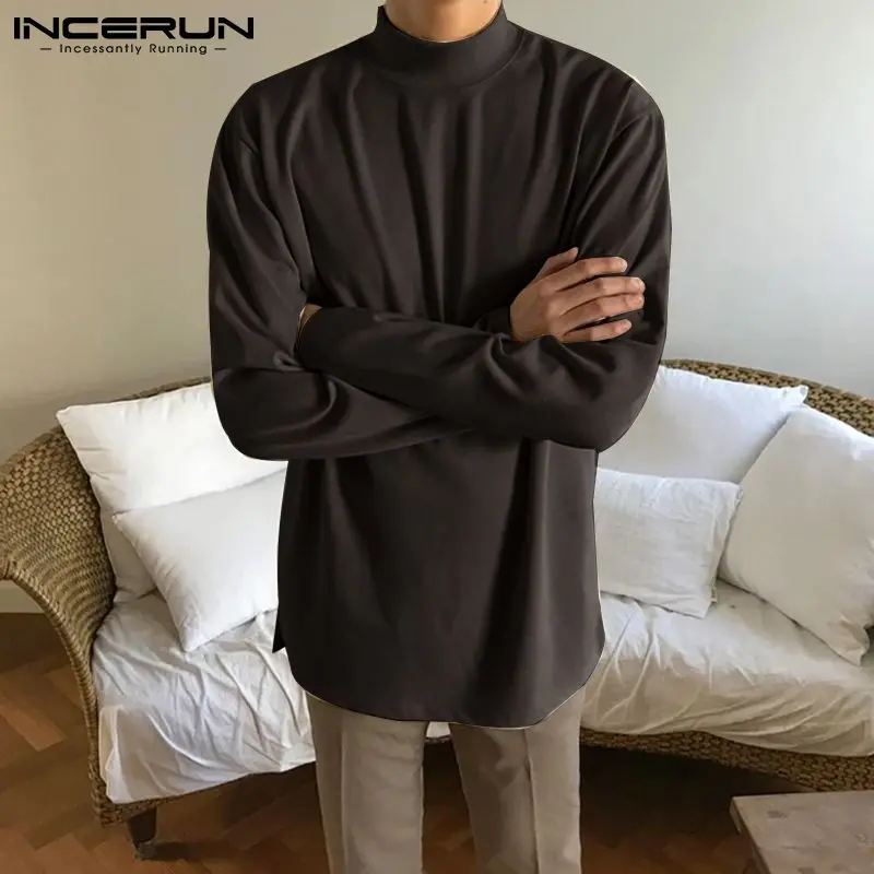 

Autumn Men T Shirt Turtleneck Solid Color Long Sleeve Casual Basic Men Clothing 2021 Loose Cozy Leisure Camisetas S-5XL INCERUN