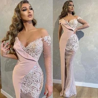 dubai arabic prom dresses off the shoulder illusion long sleeves appliques lace mermaid evening dress party prom gowns vestidos