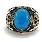 Мужское кольцо с синим камнем, с резьбой по бокам, в ретро-стиле