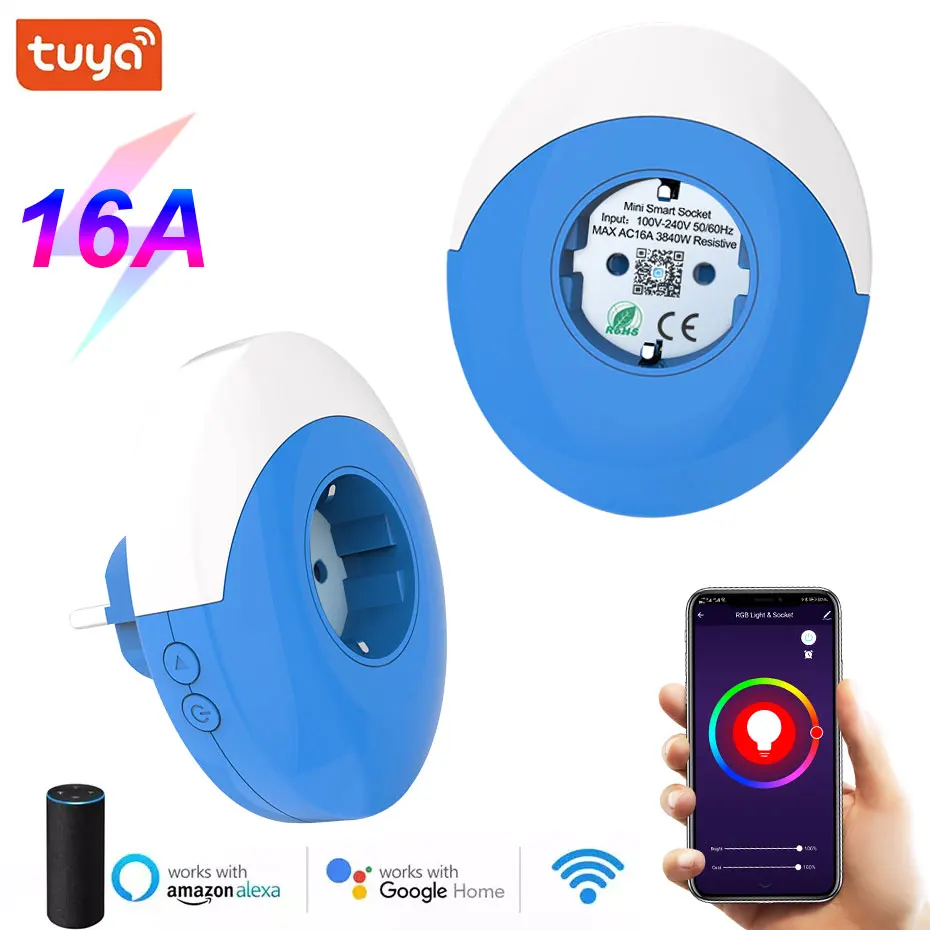 

EU Tuya Smart Electric Socket With Color changing Night Light Work With Tuya Smart Life Alexa Timing Function RGB Night Light