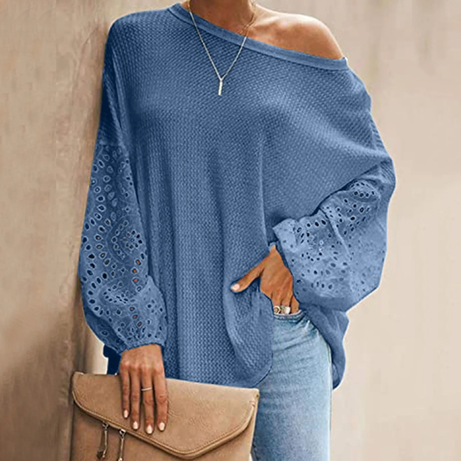 Модная вязаная кружевная блузка рубашка однотонные топы с открытыми плечами