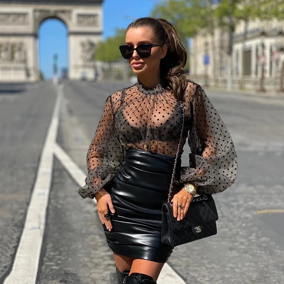 Ailigou Сексуальная Водолазка длинное Сетчатое платье фонарь с рукавом Топ Bodycon PU