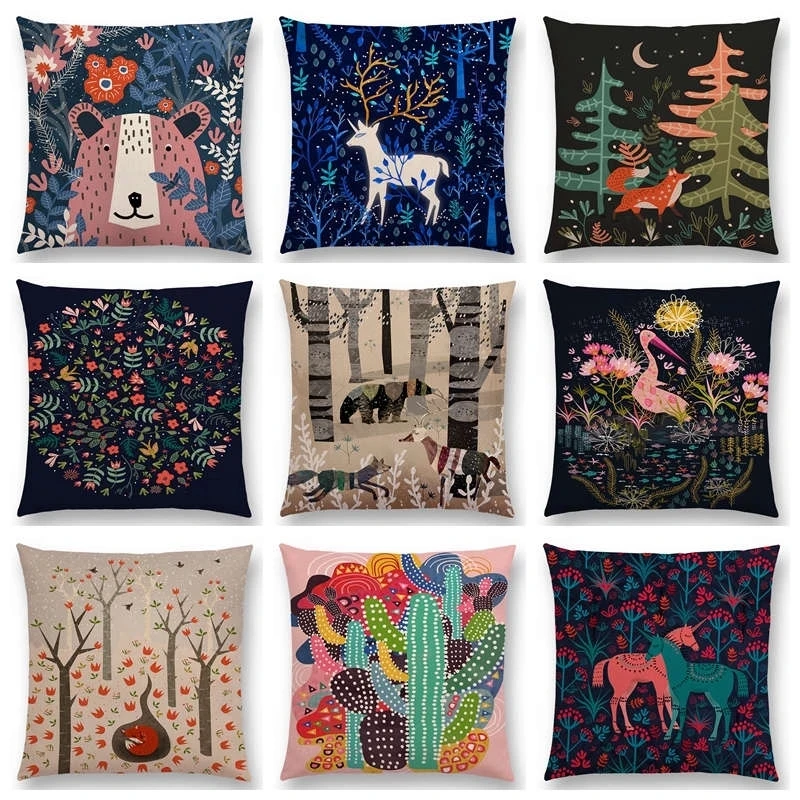 

Animal Spring Floral Garden Pattern Sofa Throw Pillow Case Bear Fox Unicorn Bear Birds Flower Leaf Fantasy Cushion Cover Nordic