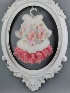 Бесплатная доставка, одежда для собак ручной работы, шерстяное пальто для домашних животных, платье, воротник из искусственного кроличьего меха, Кристальные цветы, наряд для кошки, праздничный для Йорка