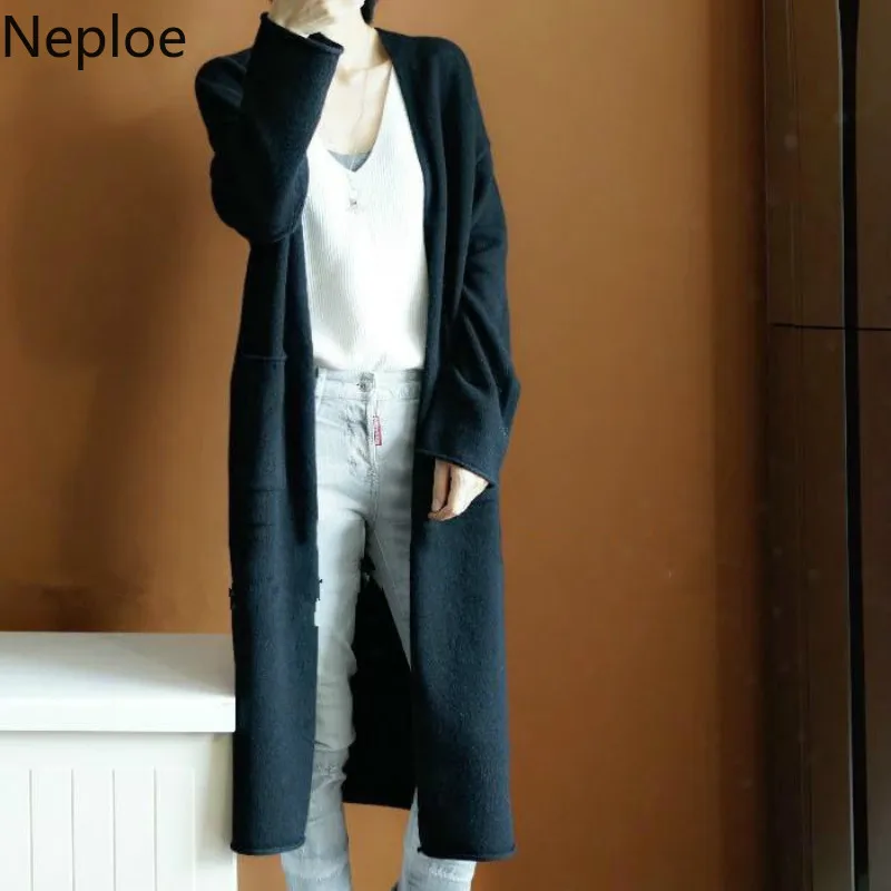 Neploe, корейский стиль, вязаный кардиган, женский свободный, плюс размер, v-образный вырез, длинный, открытый стежок, однотонный, шерсть, Pull Femme Hiver 45831